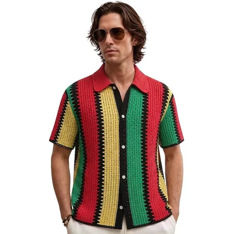 Men's Acrylic Crochet Hollow Out Knit Polo Shirt Contrast Vertical Striped Short Sleeve Button Down Top Resort Streetwear