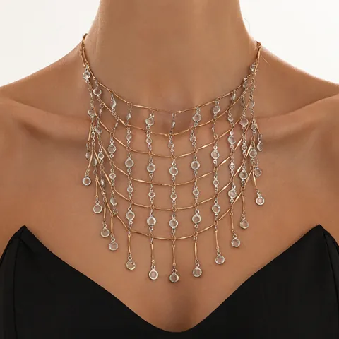 Luxurious Gold Silver Plated Metal Tassel Fringe Necklace For Women Rhinestone Bead Layered Statement Choker Jewelry Gift