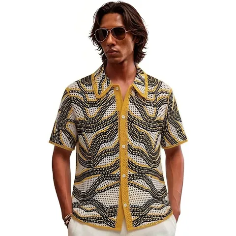 American Retro Men Hollow Wave Pattern Knit POLO Shirt Short Sleeve Button Down Cardigan Summer Breathable Top
