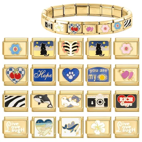 Gold Stainless Steel Italian Charm Links For Bracelet DIY Jewelry Making Enamel Floral Heart Animal Pattern Modular Links For Women