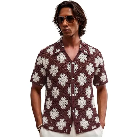 Men Vintage Old Money Style Hollow Out Knit Polo Shirt Jacquard Floral Short Sleeve Cardigan Button Up Top