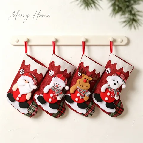 Leinen Weihnachtsstrumpf 3D Cartoon Puppe Karo Muster Hängende Geschenktüte Für Kamin Party Feiertag Haus Dekoration