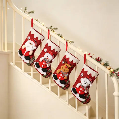 Leinen Weihnachtsstrumpf 3D Cartoon Puppe Karo Muster Hängende Geschenktüte Für Kamin Party Feiertag Haus Dekoration