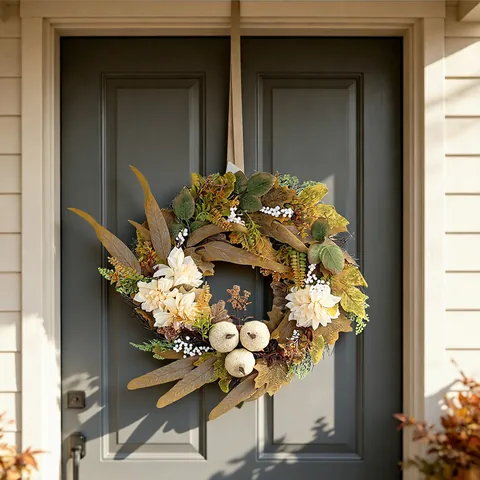 Autumn Harvest Thanksgiving Wreath With Artificial Maple Leaf White Pumpkin Dahlia Flower For Front Door Wall Home Decor