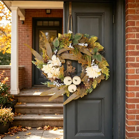 Autumn Harvest Thanksgiving Wreath With Artificial Maple Leaf White Pumpkin Dahlia Flower For Front Door Wall Home Decor