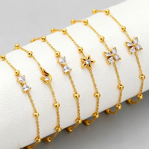 Bracelet Élégant En Zircon Fleur De Trèfle Chaîne À Billes En Acier Titane Réglable Bijoux De Mode Accessoire Pour Femmes