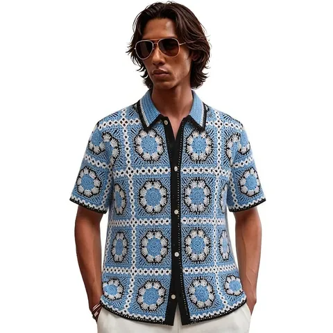 Men Crochet Hollow Out Knit Polo Shirt Short Sleeve Plaid Floral Pattern Cardigan Breathable Casual Summer Top
