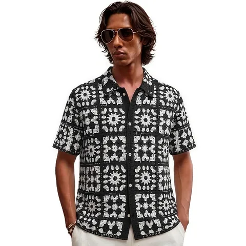 Men's Retro Ethnic Hollow Out Crochet Knit Polo Shirt Short Sleeve Vintage Patchwork Casual Summer Knitwear Top SJ0005