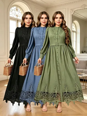 Plus Size Dames Franse Retro Kant Borduurwerk Maxi Jurk Opstaande Kraag Knoopsluiting Lange Mouw Slank Af Jurk met Gordel