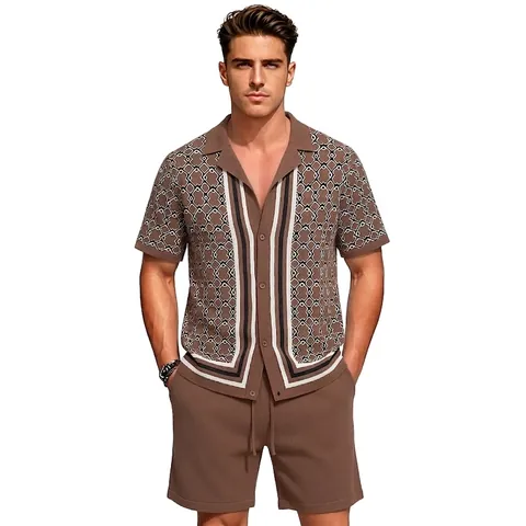 Men Vintage Knitted Cuban Collar Top And Bottom Set Geometric Jacquard Short Sleeve Casual Summer Beach Vacation Outfit