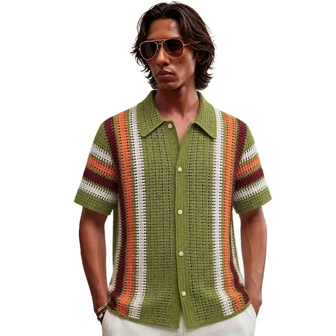 Men Vintage Hollow Crochet Knit Polo Shirt Striped Color Block Short Sleeve Top Summer Breathable Casual Knitwear For Men