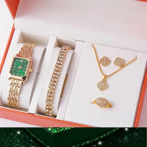 Luxury Alloy Women Quartz Watch Jewelry Set Heart Shaped Rhinestone Inlaid Gold Bracelet Necklace Earring Ring Set For Ladies