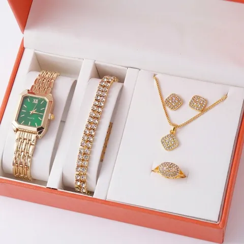 Luxury Alloy Women Quartz Watch Jewelry Set Heart Shaped Rhinestone Inlaid Gold Bracelet Necklace Earring Ring Set For Ladies