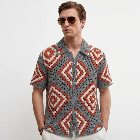 New Men Hollow Out Crochet Short Sleeve Knit Shirt Casual Button Down Jacquard Polo Shirt Argyle Retro Vacation Top