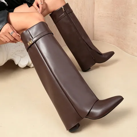 Women Pointed Toe Pant-Leg Boots Fashion Shark Lock High Heel Gaiter Boots Side Zipper PU Leather Knee High Boots Party Dress Shoes