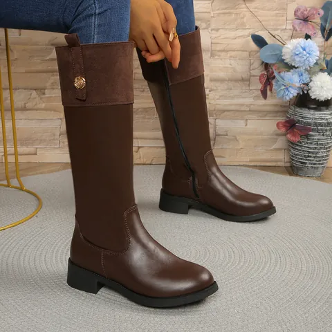 Bottes de Cavalier Style Britannique pour Femmes Similicuir Patchwork Fermeture Éclair Latérale Talon Moyen Bottes Hautes Bout Rond