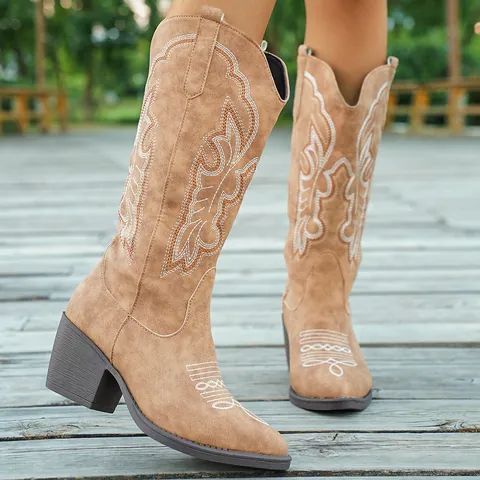Damen Retro Bestickte Western Reitstiefel V-Ausschnitt Spitze Zehenpartie Blockabsatz Hohe Stiefel Ethnische Cowboy Stiefel