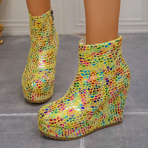 Bottines Compensées à Plateforme pour Femmes Texture de Galets Brillants Colorés Bout Rond Fermeture Éclair Latérale Mode Défilé