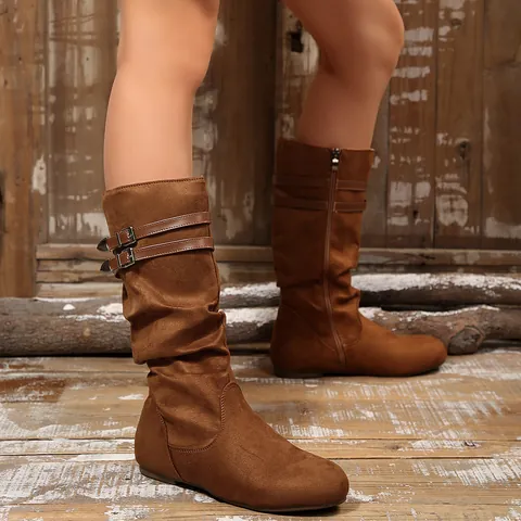 Bottes Hautes Slouchy pour Femmes Vintage en Velours à Double Boucle Fermeture Éclair Latérale Talon Bas Bottes Longues Chaudes d'Hiver