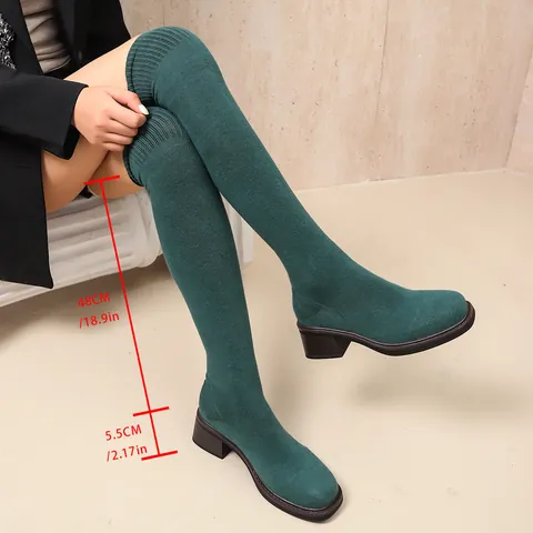 Women Over-the-Knee Sock Boots Mid Block Heel Stretch Cloth Slimming Long Boots For Winter Spring Autumn Casual Fashion Boots