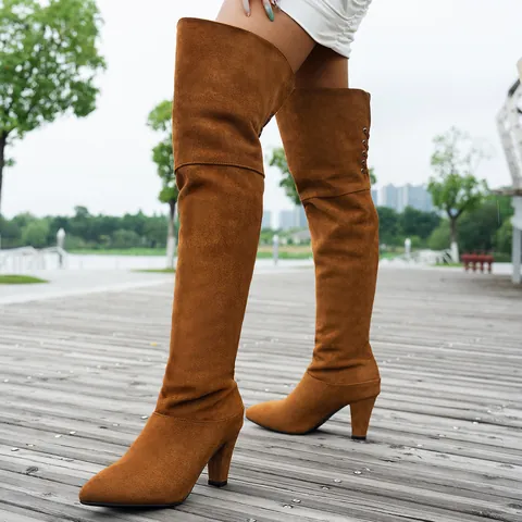 Women Pointed Toe Over-The-Knee Boots Stretch Flannel Chunky High Heel Solid Color Thigh High Boots For Autumn Winter Party Office