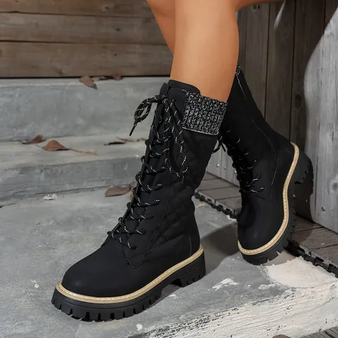 Women's Mid-Calf Boots Artificial Leather Platform Round Toe Quilted Lace-Up Shoes With Knit Cuff And Side Zipper For Daily Casual