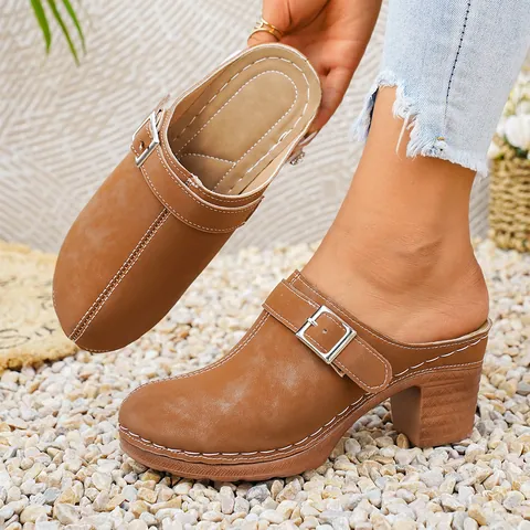 Women Fashion Thick Heel Closed Toe Mules European Style PU Leather Slip-On Slippers With Metal Belt Buckle Outdoor Sandals