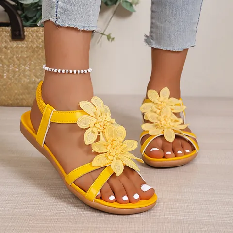 Bohemian Women Flat Sandals Flower Crisscross Straps Summer Beach Shoes Elastic Band Comfortable Faux Leather Sandals