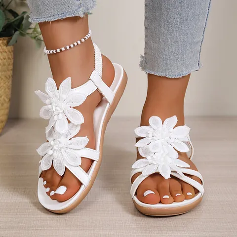Bohemian Women Flat Sandals Flower Crisscross Straps Summer Beach Shoes Elastic Band Comfortable Faux Leather Sandals