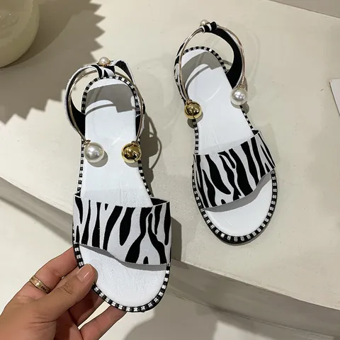 Women's Fashion Flat Sandals Pearl Ankle Strap Open Toe Leopard Zebra Pattern Ankle Strap Casual Summer Sandals