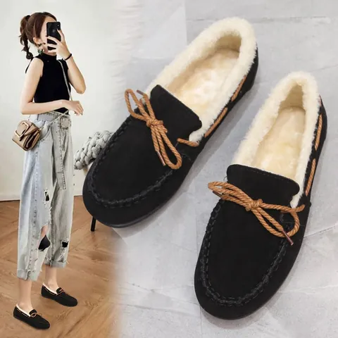 Damen Winter Warm Mokassins Slipper Plüschgefüttert Baumwollschuhe Schleife Flach Wildleder Freizeitschuhe Für Alltag Zuhause