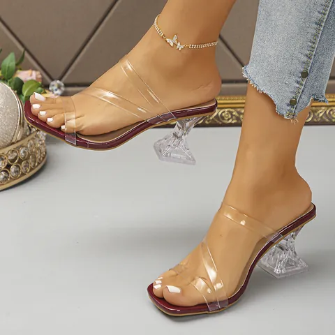 Mules à Brides en PVC Transparent pour Femmes Sandales Sexys à Talon Haut Verre à Vin Bout Carré Chaussures