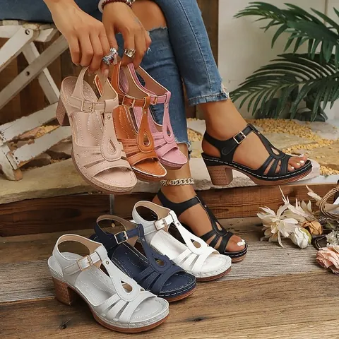 Women Block High Heel Sandals Peep Toe T-Strap Ankle Buckle Summer PU Leather Solid Color Fashion Casual Outdoor Dress Shoes