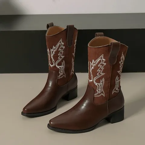 Bottes de Cowboy Western Vintage pour Femmes Cuir Synthétique Mi Mollet Bout Pointu Talon Épais Bottes de Mode Brodées