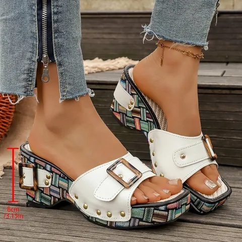 Women Bohemian Wedge Sandals Platform Summer Beach Slides Animal Print Buckle Square Toe PU Leather Woven Sole High Heel Slippers