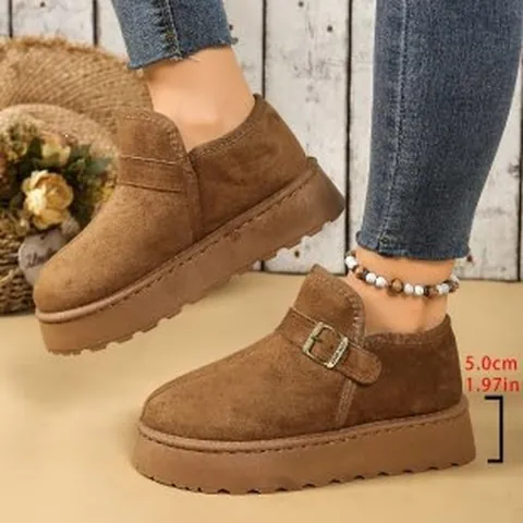 Botas de Nieve de Suela Gruesa para Mujer de Tela de Gamuza con Forro de Felpa Botines de Invierno Cálidos Slip-On con Hebilla de Metal