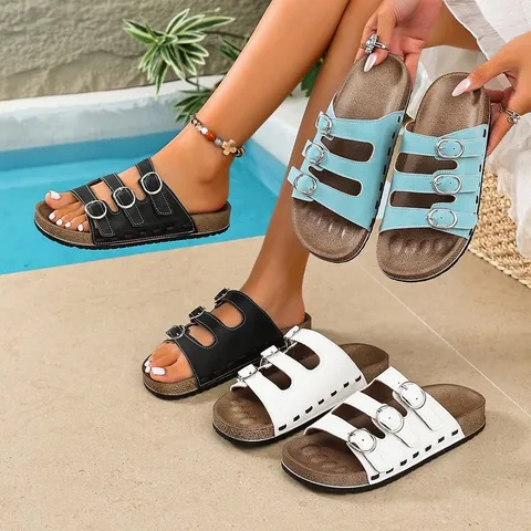 Women Men Platform Birkenstock Style Sandals Three Buckle Adjustable PU Leather Round Toe Cork Midsole Summer Beach Casual Slides