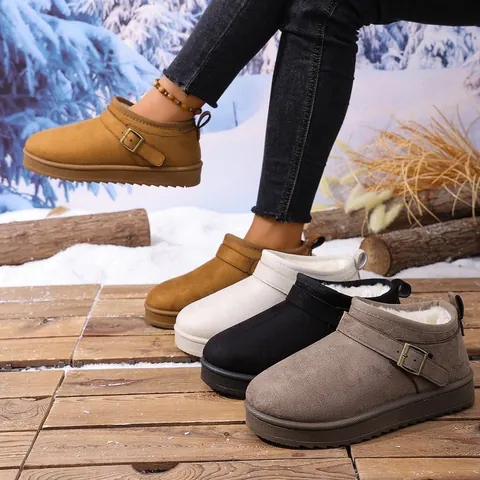 Damen Dicke Sohle Schneestiefel Winter Warm Kunstfell Gefüttert Wildleder Stiefeletten Mit Gürtelschnalle Rutschfeste Gummisohle Outdoorschuhe