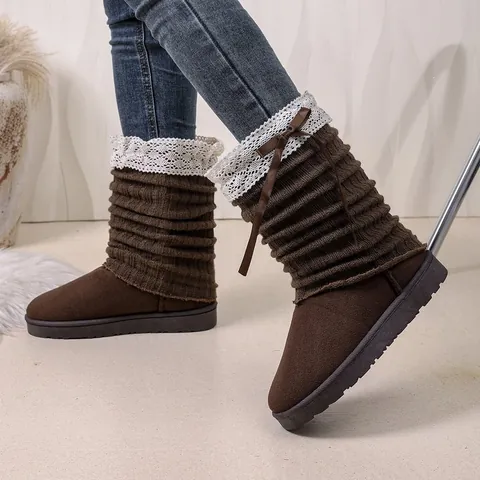 Women Balletcore Lolita Cotton Boots Lace Ruffle Bowknot Knitted Tube Winter Warm Velvet Boots Solid Color High Top Sweet Girl Shoes
