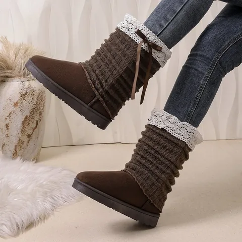 Women Balletcore Lolita Cotton Boots Lace Ruffle Bowknot Knitted Tube Winter Warm Velvet Boots Solid Color High Top Sweet Girl Shoes