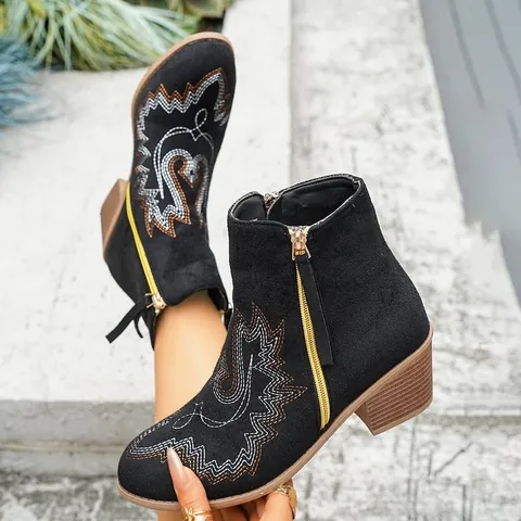Western Style Women Embroidered Chelsea Boots Pointed Toe Block Heel Faux Suede Ankle Boots With Side Zipper Fashion Short Boots