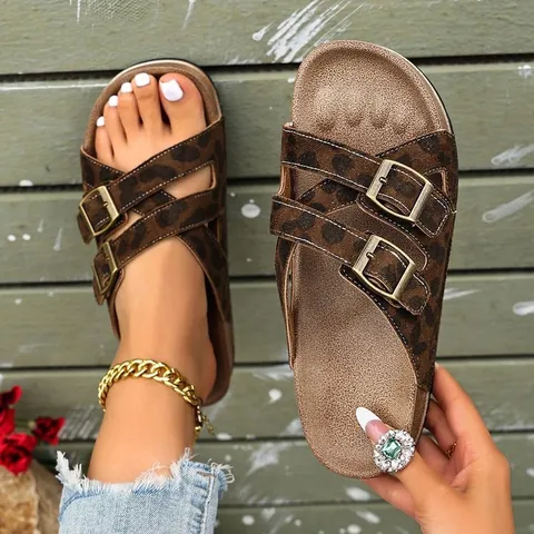 Women Casual Platform Slippers Retro Buckle Beach Sandals PU Leather Leopard Print Slip-on Outdoor Shoes Summer Leisure