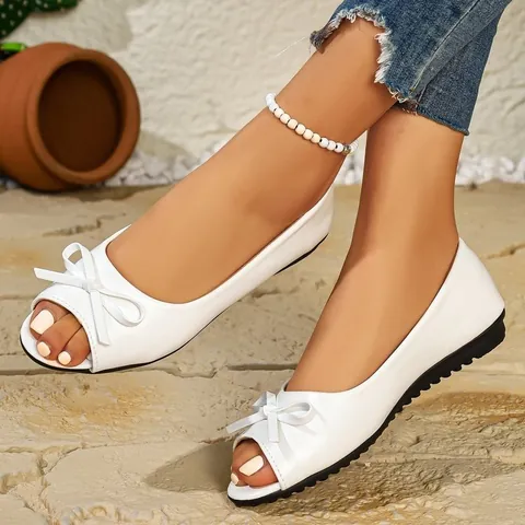 Zapatos Planos Mary Jane para Mujer Estilo Francés Lazo Punta Abierta Suela Blanda Cómodos Bailarinas de Cuero PU