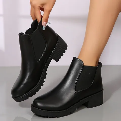 Dames Casual Zwarte Chelsea Boots PU Leer Ronde Neus Blokhak Martin Boots Elastische Enkellaarsjes Mode Schoenen