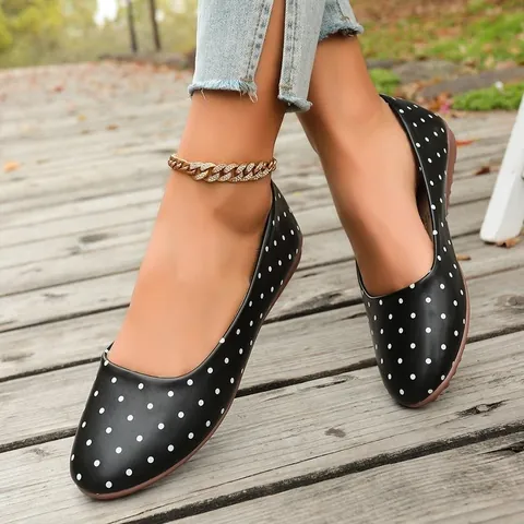 Women Polka Dot Flat Shoes Retro Round Toe Shallow Mouth Slip On Ballet Flats Soft Sole Lightweight Anti Slip Single Shoes Daily