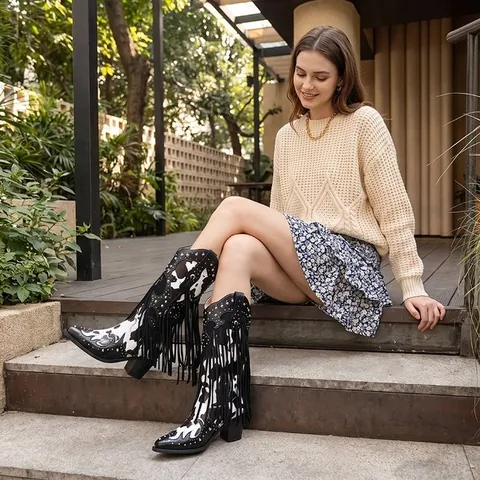 Women Western Cowboy Boots Fringe Studded Cow Print Knee High Pointed Toe Block Heel Vintage Microfiber Patchwork Boots