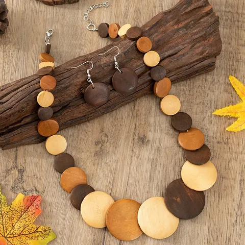 Juegos de Joyas de Madera Bohemios para Mujer Collar con Colgante de Disco de Madera Multicapa Pendientes Estilo Étnico