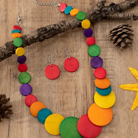 Juegos de Joyas de Madera Bohemios para Mujer Collar con Colgante de Disco de Madera Multicapa Pendientes Estilo Étnico
