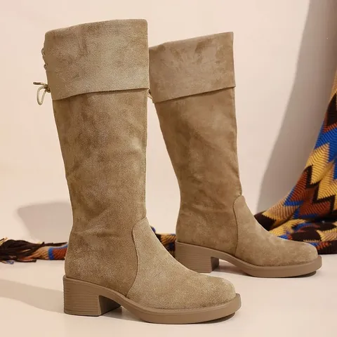 Women Faux Suede Over The Knee Boots Block Heel Elastic Slimming Long Boots Side Zipper Autumn Winter British Style Boots