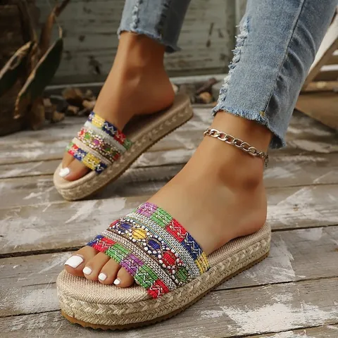Women Ethnic Bohemian Flat Espadrille Slippers Multicolor Embroidery Open Toe Platform Sandals Beach Casual Summer Shoes